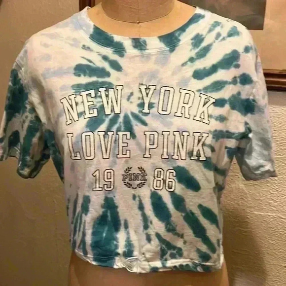 Victoria’s Secret Pink Blue Tie Dye Drawstring Hem Crop Top Size M - Picture 1 of 6